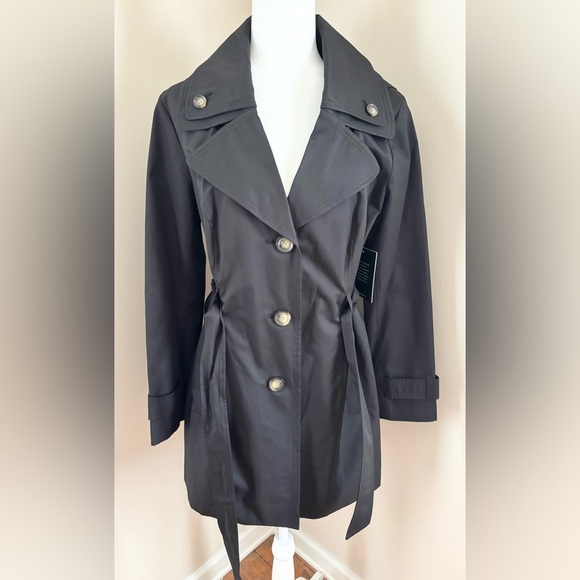 London Fog NWT Women’s M Single Breasted Tie Waist Removable Hood Trench Coat - Picture 2 of 10